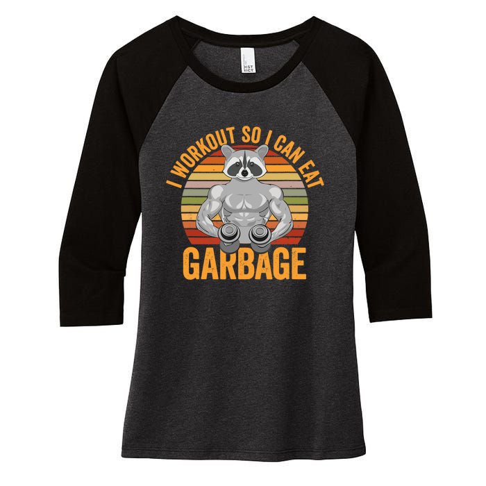 Funny Vintage I Workout So I Can Eat Garbage Raccoon Retro Women's Tri-Blend 3/4-Sleeve Raglan Shirt