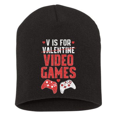 Funny V Is Video Games Valentines Day Couple Short Acrylic Beanie