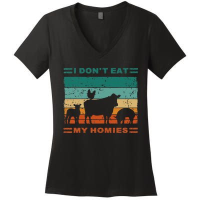 Funny Vegan I Dont Eat My Homies Vegetarian Vegan Vintage Women's V-Neck T-Shirt