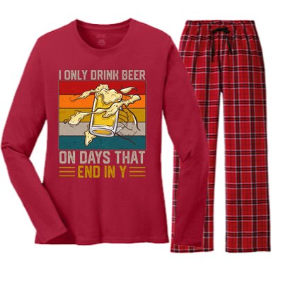 Funny Vintage I Only Drink Beer On Days That End In Y Women's Long Sleeve Flannel Pajama Set 