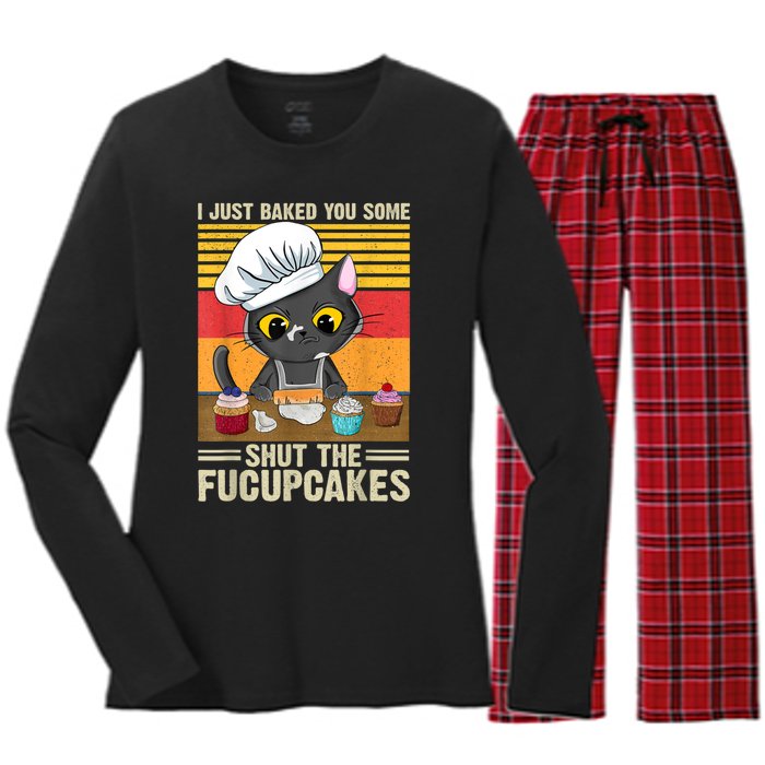 Funny Vintage I Just Baked You Some Shut The Fucupcakes Cat Women's Long Sleeve Flannel Pajama Set 