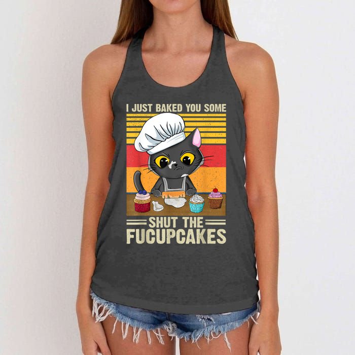 Funny Vintage I Just Baked You Some Shut The Fucupcakes Cat Women's Knotted Racerback Tank