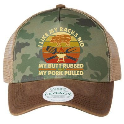 Funny Vintage I Like My Racks Big Butt Rubbed And Pork Pulled Meat Cut Lines Legacy Tie Dye Trucker Hat