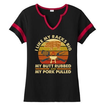 Funny Vintage I Like My Racks Big Butt Rubbed And Pork Pulled Meat Cut Lines Ladies Halftime Notch Neck Tee