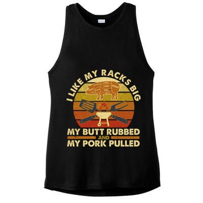 Funny Vintage I Like My Racks Big Butt Rubbed And Pork Pulled Meat Cut Lines Ladies PosiCharge Tri-Blend Wicking Tank