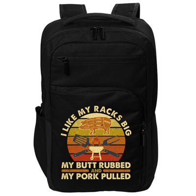 Funny Vintage I Like My Racks Big Butt Rubbed And Pork Pulled Meat Cut Lines Impact Tech Backpack