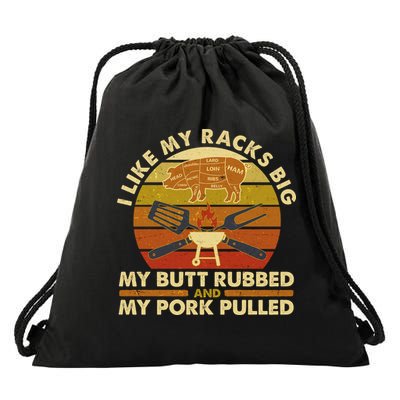 Funny Vintage I Like My Racks Big Butt Rubbed And Pork Pulled Meat Cut Lines Drawstring Bag