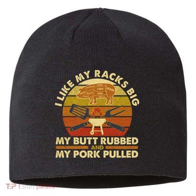 Funny Vintage I Like My Racks Big Butt Rubbed And Pork Pulled Meat Cut Lines Sustainable Beanie