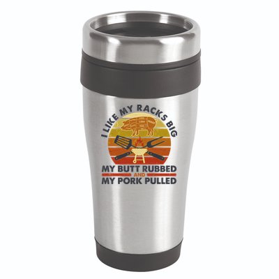Funny Vintage I Like My Racks Big Butt Rubbed And Pork Pulled Meat Cut Lines 16oz Travel Tumbler