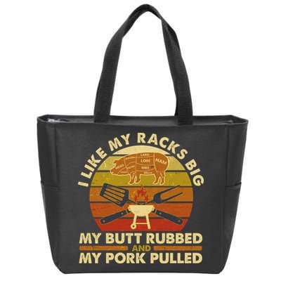 Funny Vintage I Like My Racks Big Butt Rubbed And Pork Pulled Meat Cut Lines Zip Tote Bag