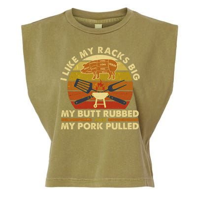 Funny Vintage I Like My Racks Big Butt Rubbed And Pork Pulled Meat Cut Lines Garment-Dyed Women's Muscle Tee