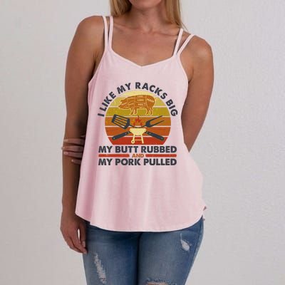 Funny Vintage I Like My Racks Big Butt Rubbed And Pork Pulled Meat Cut Lines Women's Strappy Tank