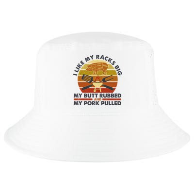 Funny Vintage I Like My Racks Big Butt Rubbed And Pork Pulled Meat Cut Lines Cool Comfort Performance Bucket Hat