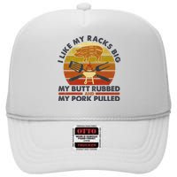 Funny Vintage I Like My Racks Big Butt Rubbed And Pork Pulled Meat Cut Lines High Crown Mesh Back Trucker Hat