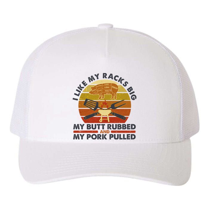 Funny Vintage I Like My Racks Big Butt Rubbed And Pork Pulled Meat Cut Lines Yupoong Adult 5-Panel Trucker Hat