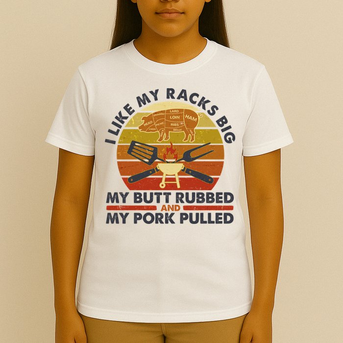 Funny Vintage I Like My Racks Big Butt Rubbed And Pork Pulled Meat Cut Lines T-Shirt