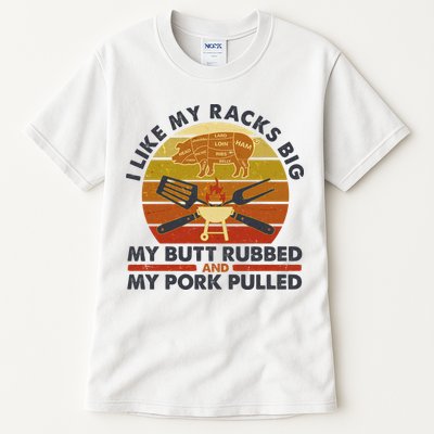 Funny Vintage I Like My Racks Big Butt Rubbed And Pork Pulled Meat Cut Lines Tall T-Shirt