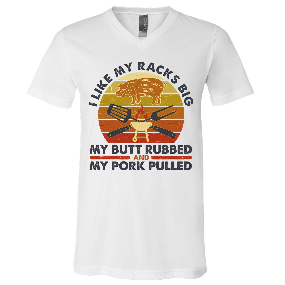 Funny Vintage I Like My Racks Big Butt Rubbed And Pork Pulled Meat Cut Lines V-Neck T-Shirt