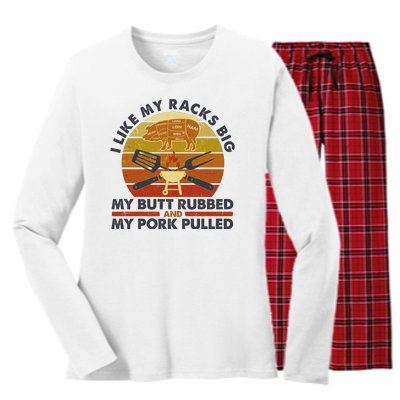 Funny Vintage I Like My Racks Big Butt Rubbed And Pork Pulled Meat Cut Lines Women's Long Sleeve Flannel Pajama Set 