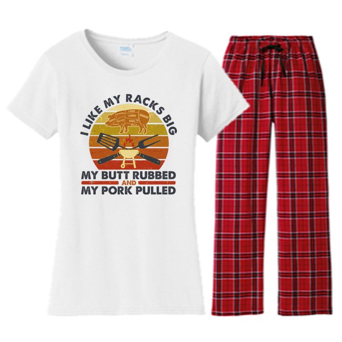 Funny Vintage I Like My Racks Big Butt Rubbed And Pork Pulled Meat Cut Lines Women's Flannel Pajama Set