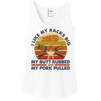 Funny Vintage I Like My Racks Big Butt Rubbed And Pork Pulled Meat Cut Lines Ladies Essential Tank