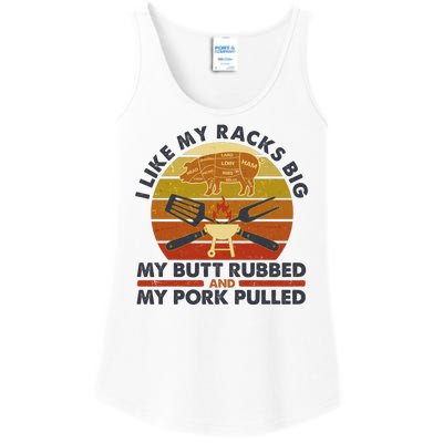 Funny Vintage I Like My Racks Big Butt Rubbed And Pork Pulled Meat Cut Lines Ladies Essential Tank