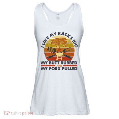 Funny Vintage I Like My Racks Big Butt Rubbed And Pork Pulled Meat Cut Lines Ladies Essential Flowy Tank