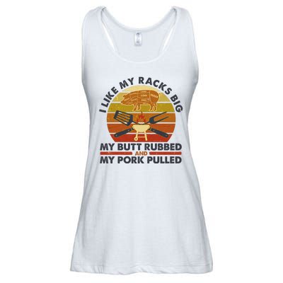 Funny Vintage I Like My Racks Big Butt Rubbed And Pork Pulled Meat Cut Lines Ladies Essential Flowy Tank