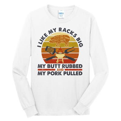 Funny Vintage I Like My Racks Big Butt Rubbed And Pork Pulled Meat Cut Lines Tall Long Sleeve T-Shirt