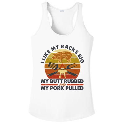 Funny Vintage I Like My Racks Big Butt Rubbed And Pork Pulled Meat Cut Lines Ladies PosiCharge Competitor Racerback Tank
