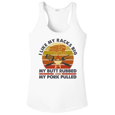 Funny Vintage I Like My Racks Big Butt Rubbed And Pork Pulled Meat Cut Lines Ladies PosiCharge Competitor Racerback Tank