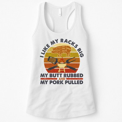 Funny Vintage I Like My Racks Big Butt Rubbed And Pork Pulled Meat Cut Lines Womens Tank Top
