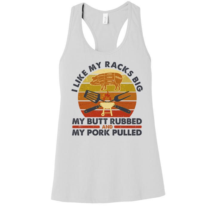 Funny Vintage I Like My Racks Big Butt Rubbed And Pork Pulled Meat Cut Lines Women's Racerback Tank