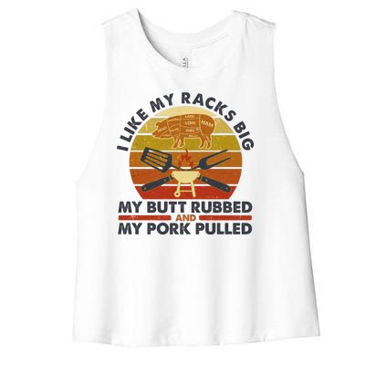 Funny Vintage I Like My Racks Big Butt Rubbed And Pork Pulled Meat Cut Lines Women's Racerback Cropped Tank