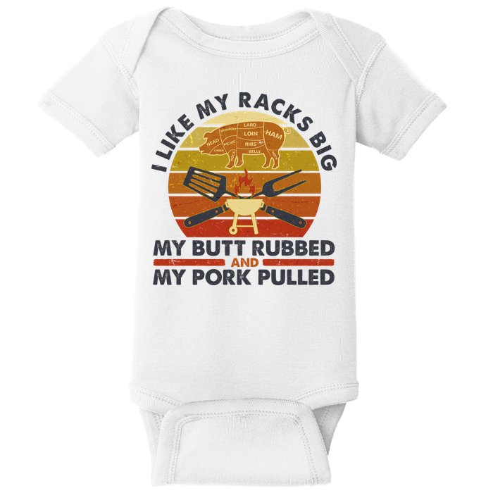 Funny Vintage I Like My Racks Big Butt Rubbed And Pork Pulled Meat Cut Lines Baby Bodysuit