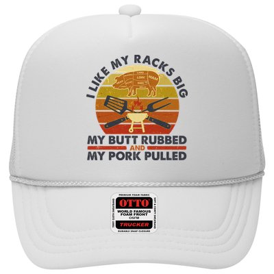 Funny Vintage I Like My Racks Big Butt Rubbed And Pork Pulled Meat Cut Lines Trucker Hat