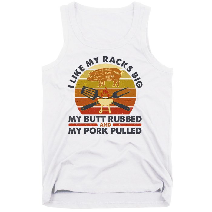 Funny Vintage I Like My Racks Big Butt Rubbed And Pork Pulled Meat Cut Lines Tank Top