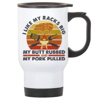 Funny Vintage I Like My Racks Big Butt Rubbed And Pork Pulled Meat Cut Lines Stainless Steel Travel Mug