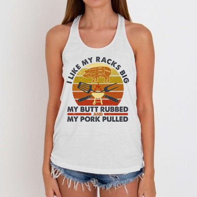 Funny Vintage I Like My Racks Big Butt Rubbed And Pork Pulled Meat Cut Lines Women's Knotted Racerback Tank