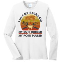 Funny Vintage I Like My Racks Big Butt Rubbed And Pork Pulled Meat Cut Lines Ladies Long Sleeve Shirt