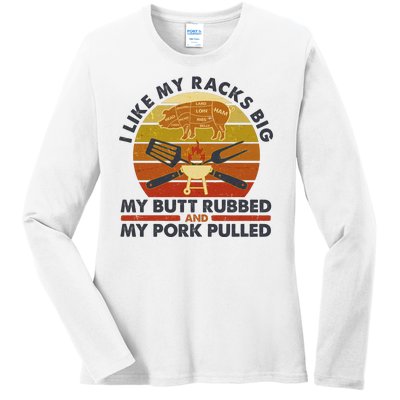 Funny Vintage I Like My Racks Big Butt Rubbed And Pork Pulled Meat Cut Lines Ladies Long Sleeve Shirt