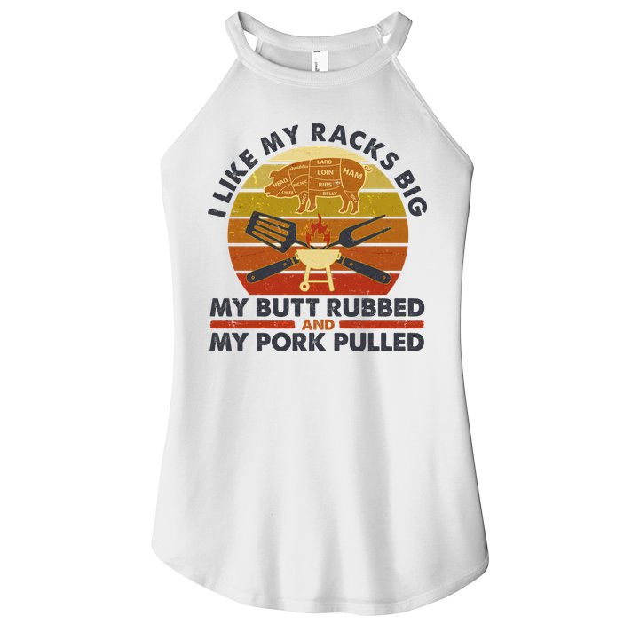 Funny Vintage I Like My Racks Big Butt Rubbed And Pork Pulled Meat Cut Lines Women's Perfect Tri Rocker Tank