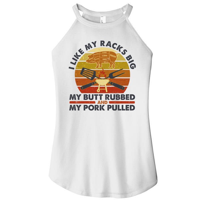 Funny Vintage I Like My Racks Big Butt Rubbed And Pork Pulled Meat Cut Lines Women's Perfect Tri Rocker Tank