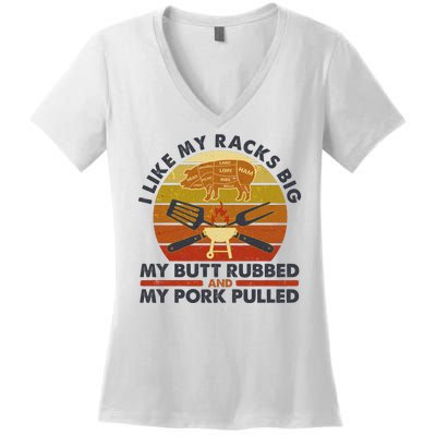 Funny Vintage I Like My Racks Big Butt Rubbed And Pork Pulled Meat Cut Lines Women's V-Neck T-Shirt