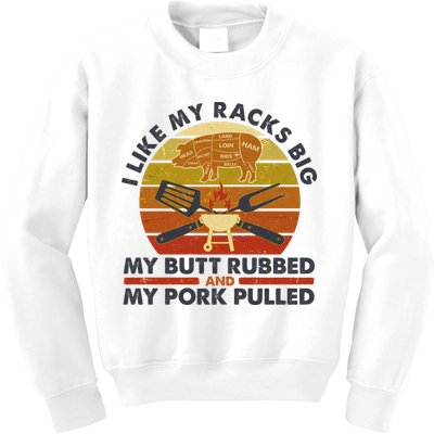 Funny Vintage I Like My Racks Big Butt Rubbed And Pork Pulled Meat Cut Lines Kids Sweatshirt