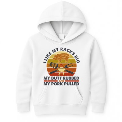 Funny Vintage I Like My Racks Big Butt Rubbed And Pork Pulled Meat Cut Lines Kids Hoodie
