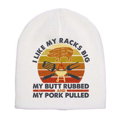 Funny Vintage I Like My Racks Big Butt Rubbed And Pork Pulled Meat Cut Lines Short Acrylic Beanie