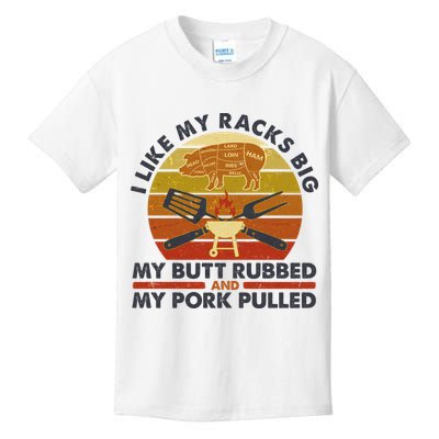 Funny Vintage I Like My Racks Big Butt Rubbed And Pork Pulled Meat Cut Lines Kids T-Shirt