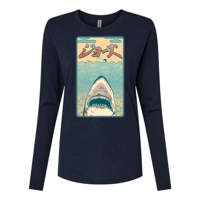 Funny Vintage Japanese Jaws Shark Poster Womens Cotton Relaxed Long Sleeve T-Shirt