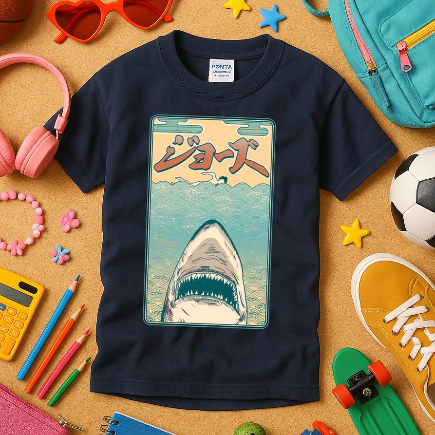 Funny Vintage Japanese Jaws Shark Poster Kids T-Shirt